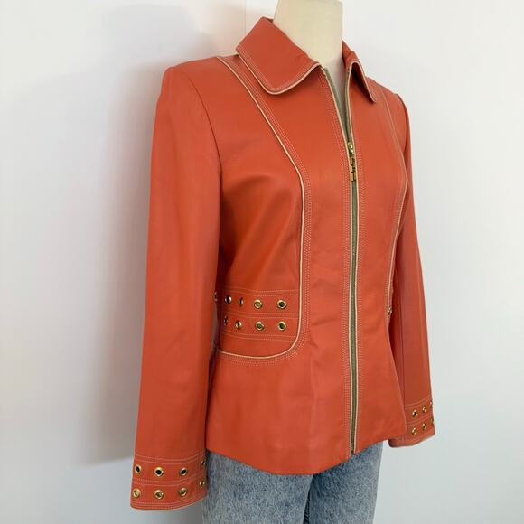 St. John Lamb Leather Jacket Full Zip Peachy Orange with Grommets Size Small - Picture 2 of 16